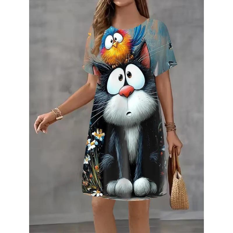 Summer Ladies 3D Printed Short Sleeve Dress Fashion Versatile Breathable Trend Casual