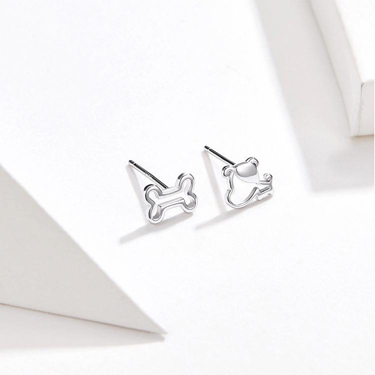 Sterling Silver Puppy and Bone Openwork Stud Earrings - S925 Fashion Jewelry