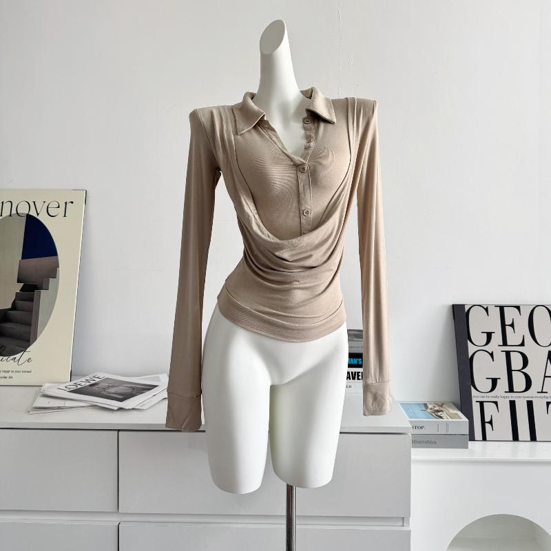 French Elegant Swing Collar Fake Two Piece Tops Women White Black Slim Fitting Long-sleeved T-shirt Korean Fashion Patchwork Casual Clothes