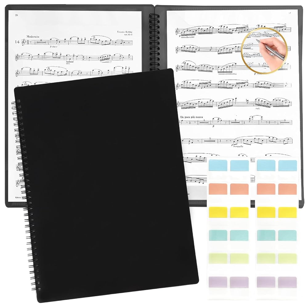 Solf A4 Music Score File with Writable Pages for Band and Piano, 20 Sheets/40 Pages (Black with Clear Sticky Notes)