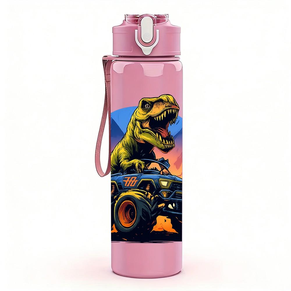 1PC Dinosaur Monster Truck Art 750ml Color Plastic Sports Water Bottle Leakproof Flip Straw Lid Suitable for Sports Office Home Use