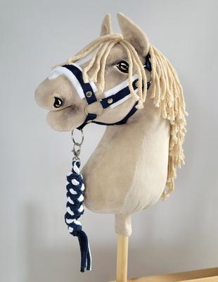 Hobby Horse Set: A3 Halter with White Fur + Rope Lead - White and Navy Blue