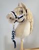 Hobby Horse Set: A3 Halster met Witte Bont + Touw Lijn - Wit en Marineblauw