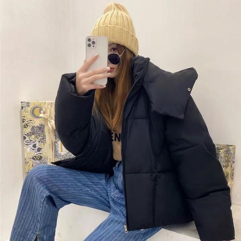 Winter Women Thickened Bread Down Jacket Student Loose Bat Sleeved Pink Casual Coat With Hooded