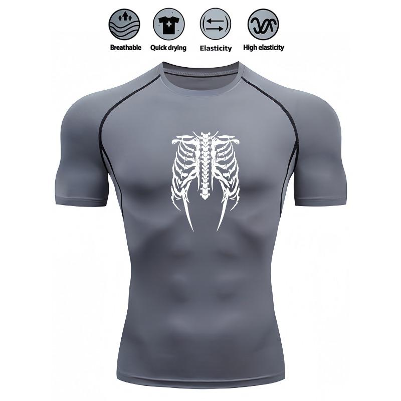 Men's Compression Shirt Quick Dry Gray Gym T-Shirt White Skeleton Rib Cage Print Workout Sportswear