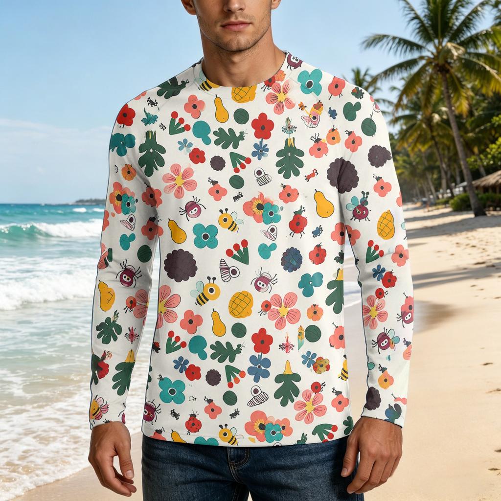 Men Long Sleeve UPF50 Plus Sun Protection Shirt UV Blocking Outdoor Sports Fishing Casual Top Floral Print Lightweight Fabric