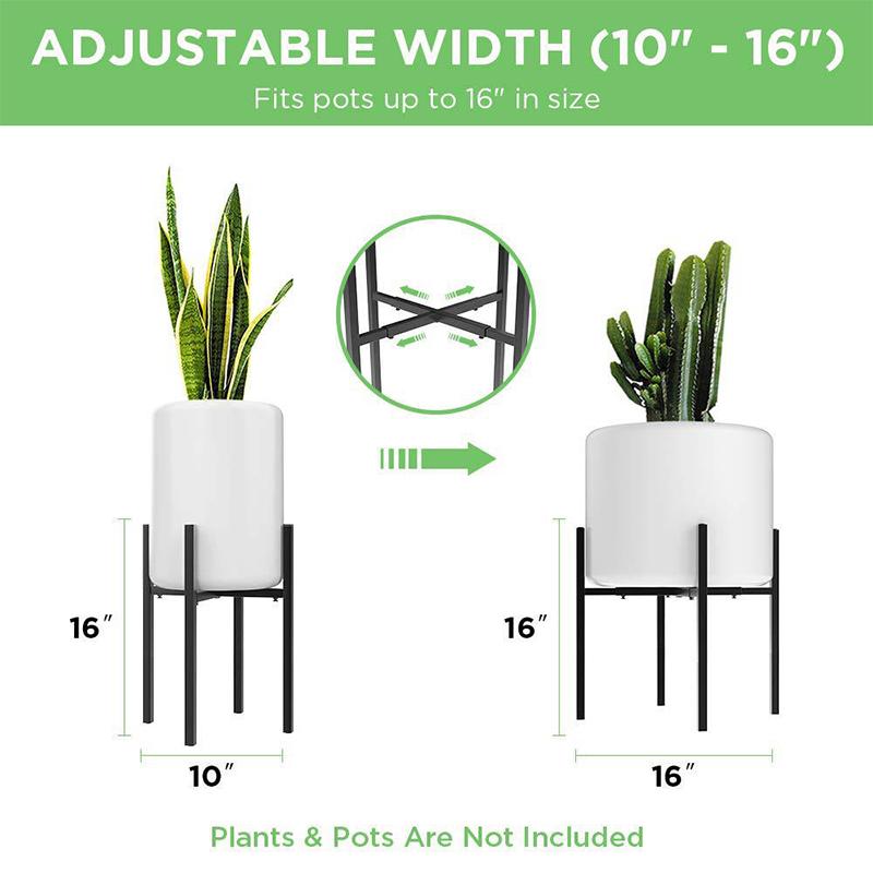 Space-Saving Adjustable Plant Stand Metal | Mid-Century Shelf for 10"-16" Pots Indoor Outdoor | Black Modern Design