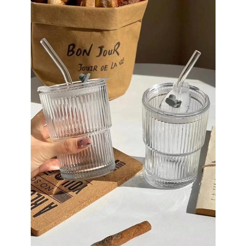 

1/2 шт., 450 мл, стеклянная чашка в полоску, прозрачные очки с крышкой и соломинкой, кружка для ледяного кофе, чашка для чая, стакан для сока, чашка для молока, воды, посуда для напитков 301-400ml