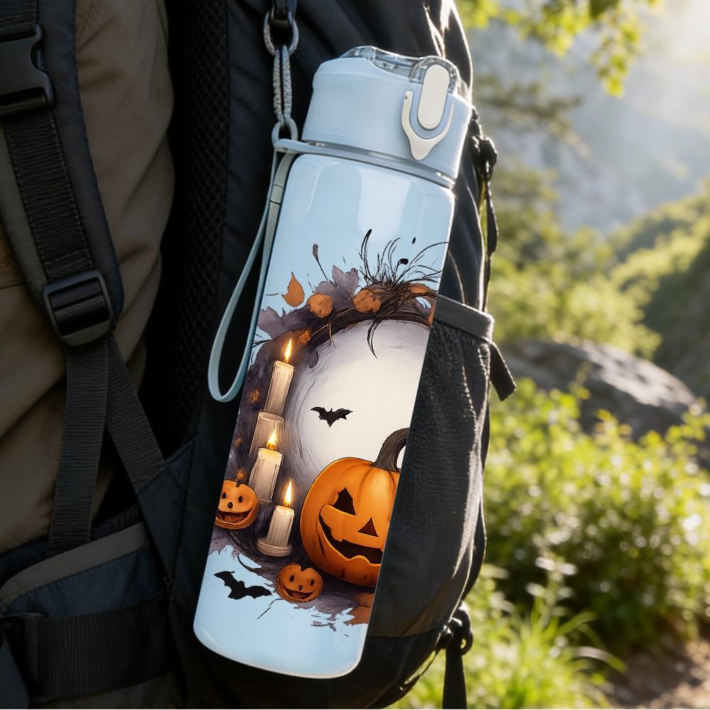 1PC Pumpkin Face Halloween Moon Print 750ml Color Plastic Sports Water Bottle Leakproof Flip Straw Lid Suitable for Sports Office Home Use