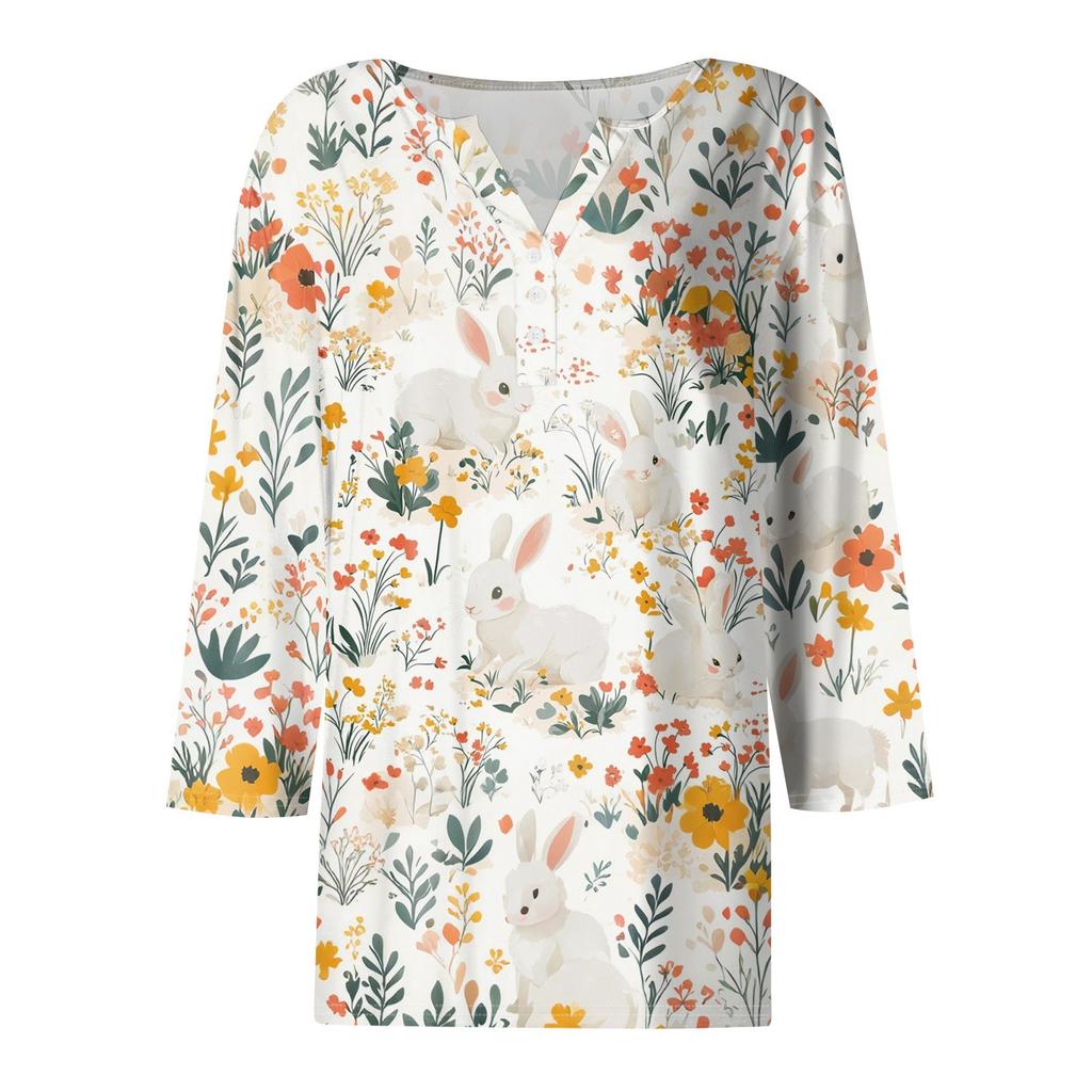 Women's T Shirt Print Button 3/4 Sleeve Daily Weekend Fashion Basic V- Neck Regular Top