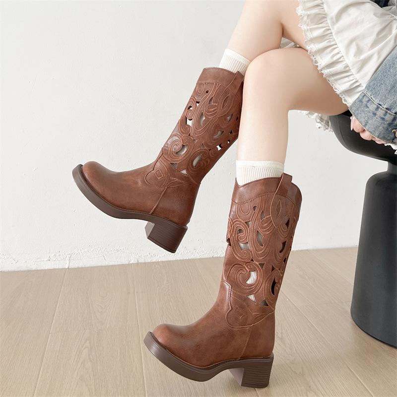 Maillard thick heel western cowboy boots women's retro knight boots 2025 new summer thin hollow long boots