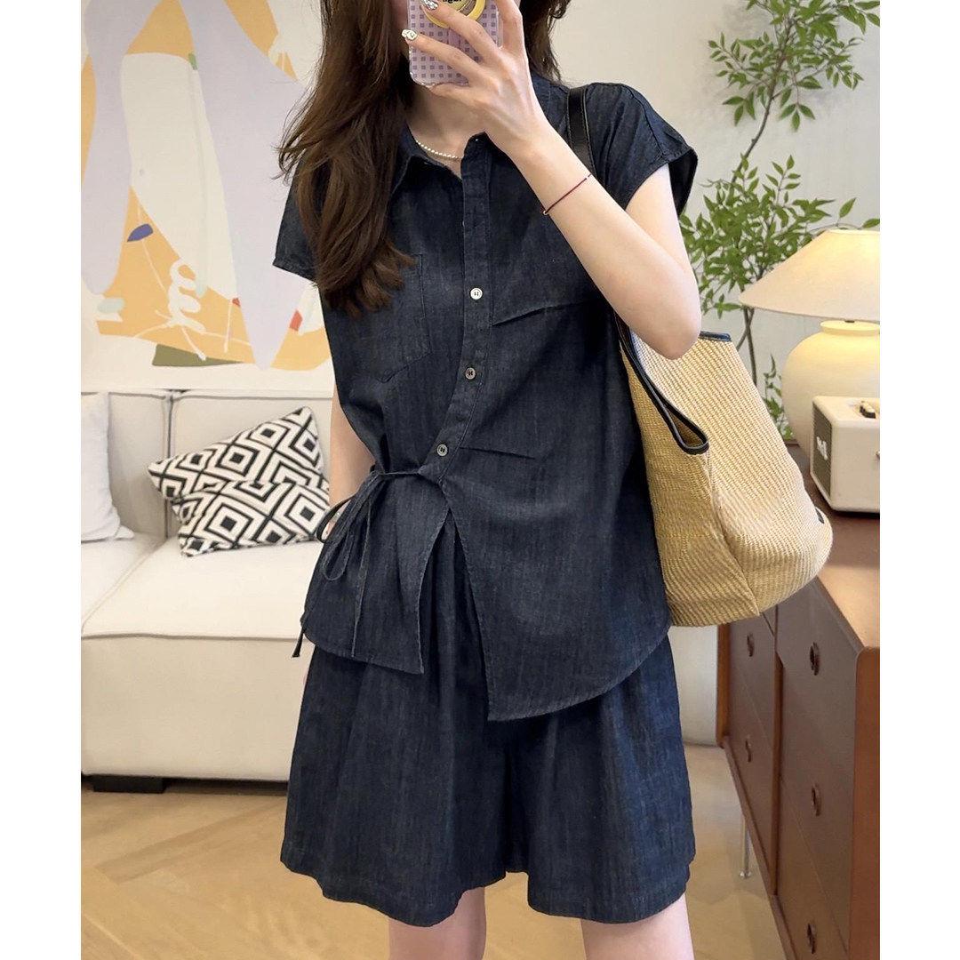 2026 Spring Women s Asymmetrical Denim Shirt & High-Waisted Shorts Set Large