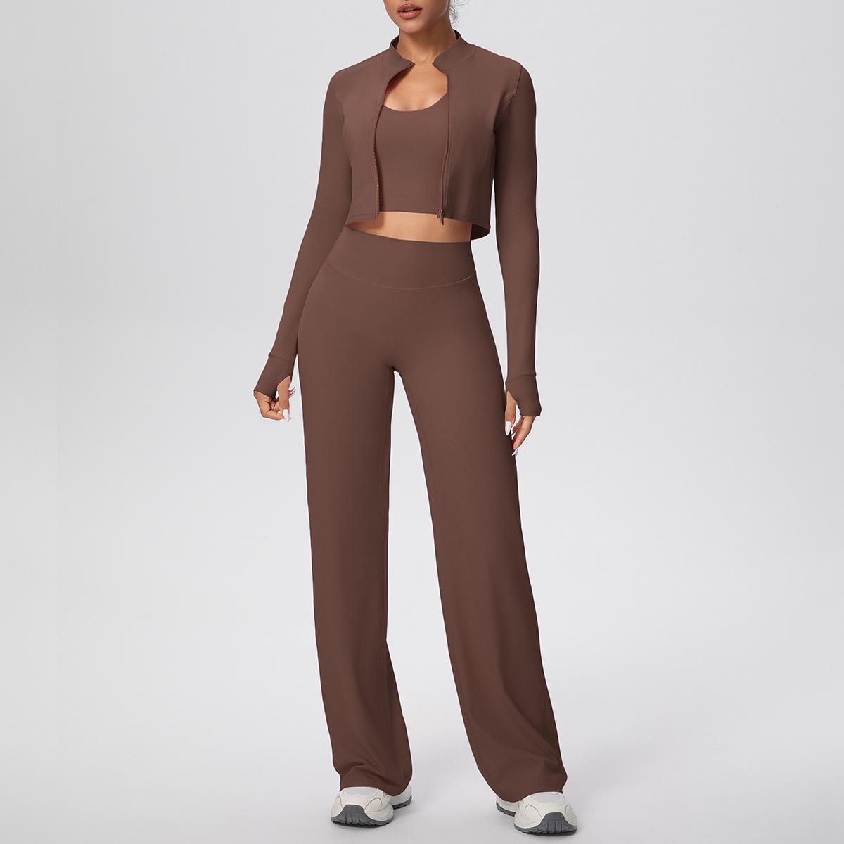 

European-American Solid Color Sports Jacket & Vest with Loose Pants Yoga Set Large