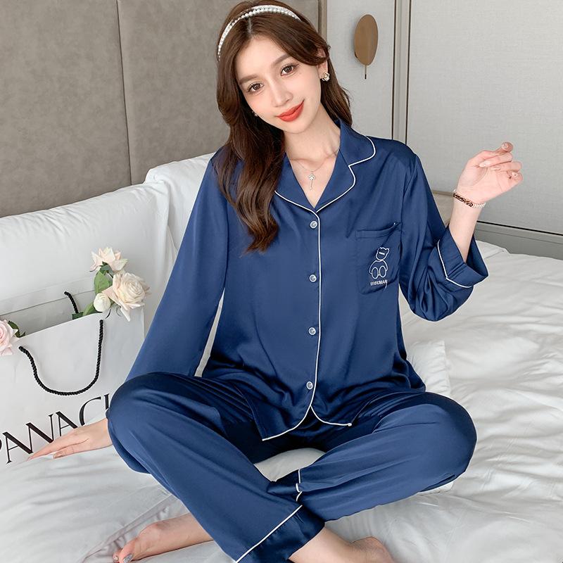 Autumn New Pajamas 2-piece Set Sexy Lapel Pajamas Casual Loose Home Wear Women's Intimate Underwear Satin Thin Pajamas