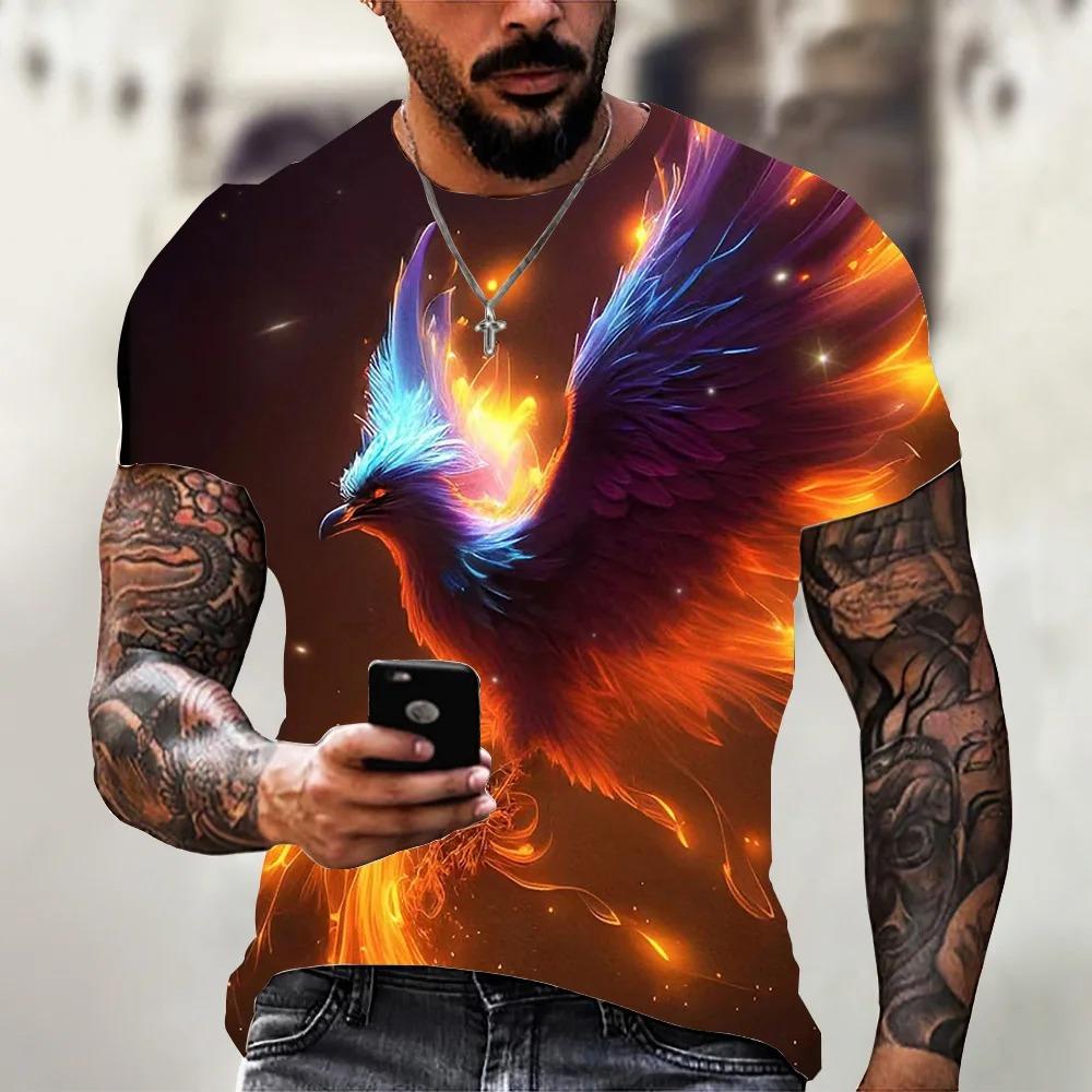 Anime Cartoon Phoenix 3d Printing Gorgeous and Cool Men's Summer Avant-garde Personality Round Neck Short-sleeved Casual T-shirt