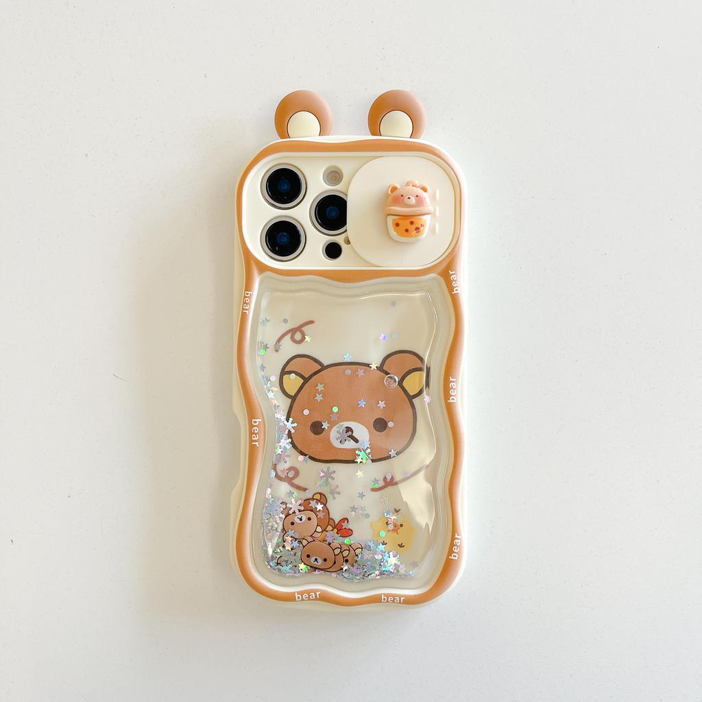 For iPhone 11 12 13 14 15 16 17 Pro Max Quicksand Ears Rilakkuma Sliding Window Protect Camera Case