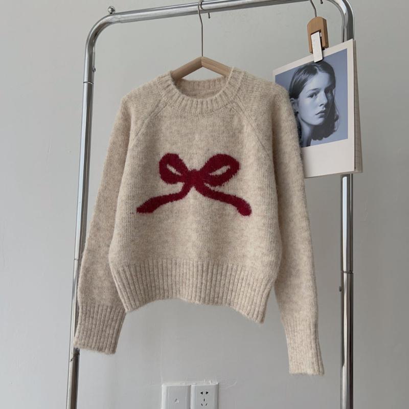 Sweter damski jesienno-zimowy z kokardą, z okrągłym dekoltem, pulower, bielizna wewnętrzna, mały, miękki, kleisty, bazowy, dzianinowy