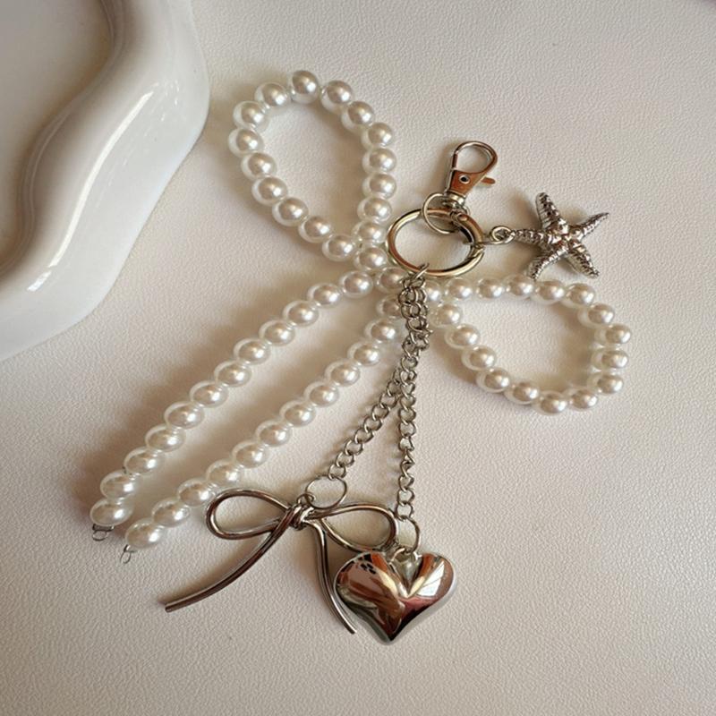 Delicate Bows Keychain Key Holder Featuring Pearls Accent And Starfish Design Fashionable Wallet Handbag Charm