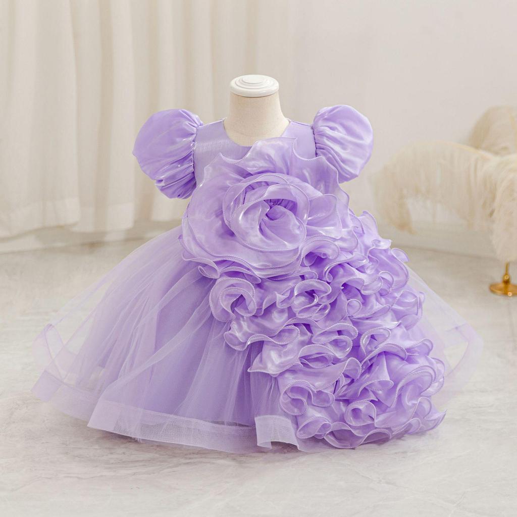 Girls' 3D Flower Princess Dress: First Birthday Puff Sleeves and Puffy Skirt