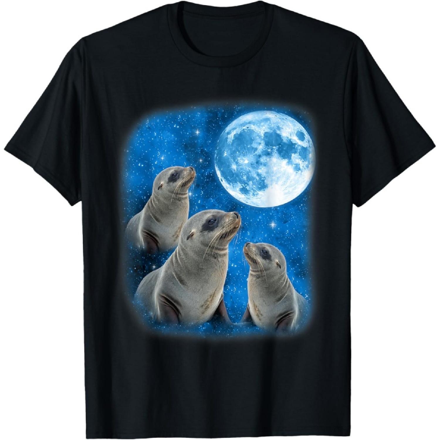 Seals Howling At The Space Full Moon Night Starry Sky Seal T-Shirt S