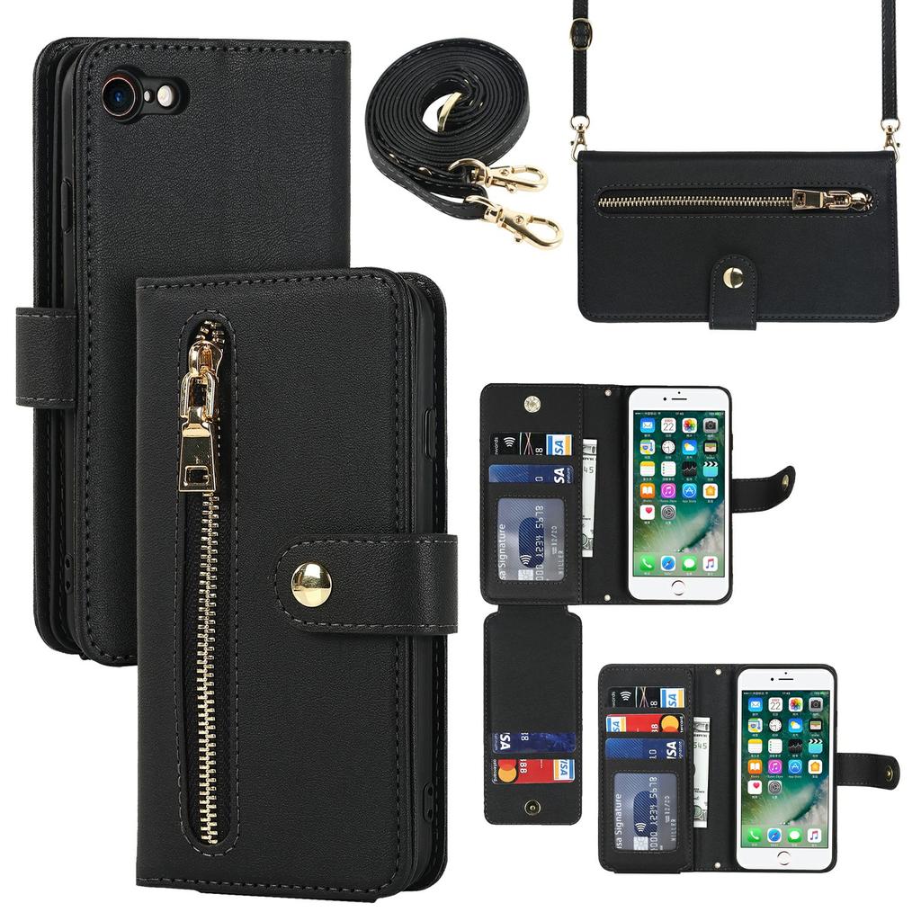 Stand Case for iPhone SE (2022)/(2020)/8/7 PU Leather Phone Cover with Straps/Zipper Wallet/Multiple Card Slots