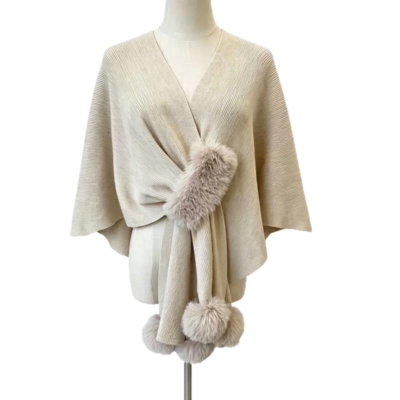 2026 Knit Cape Shawl With Pom Poms Long Cardigan Wrap Coat Women