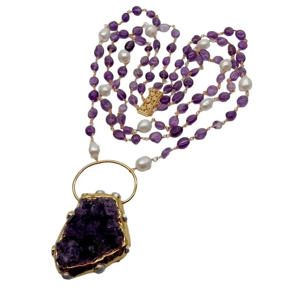 

Y·YING натуральные аметисты произвольной формы с белым жемчугом и цепочкой-четками эффектное ожерелье с аметистами Druzy грубая подвеска 18 дюймов