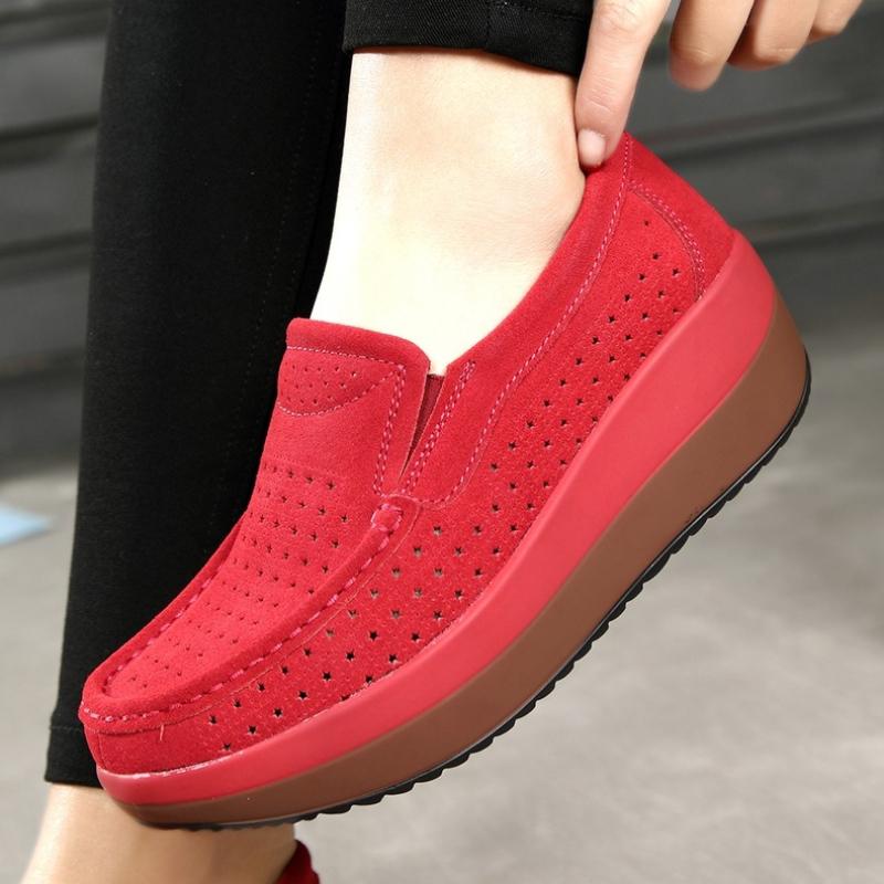 Fashion Women Wedge Heels Platform Shoes Genuine Leather Loafers Casual Walking Shoes Non-slip Mother Shoes