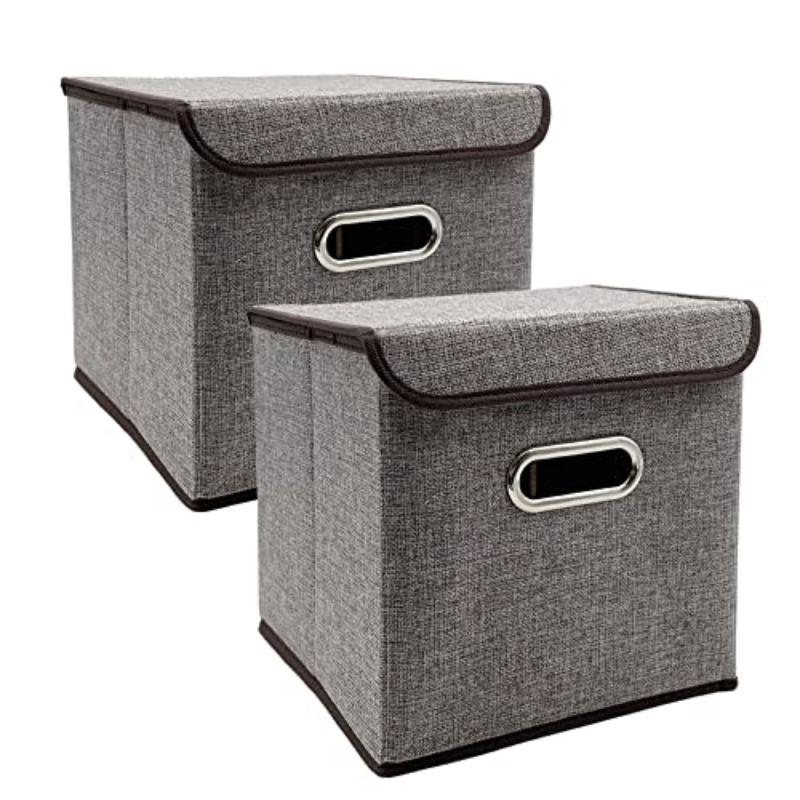 

2 шт. складные контейнеры для хранения с крышкой 25*25 см корзины для хранения из льняной ткани моющиеся декоративные корзины корзины для хранения серый