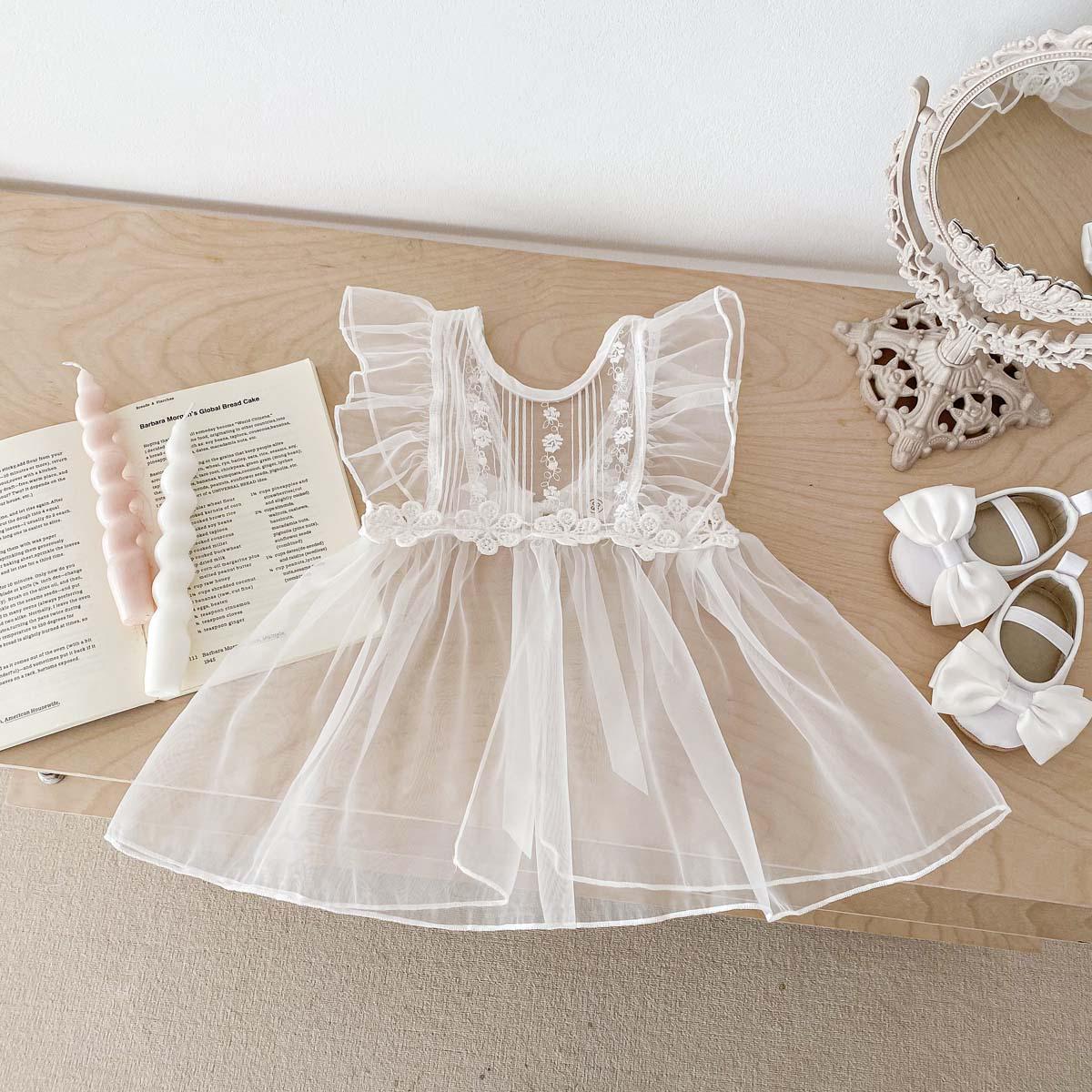 

2024 Новое весеннее кружевное вышитое хлопковое платье-комбинезон для девочек - сетчатый наряд принцессы для малышей на один год 90 cm