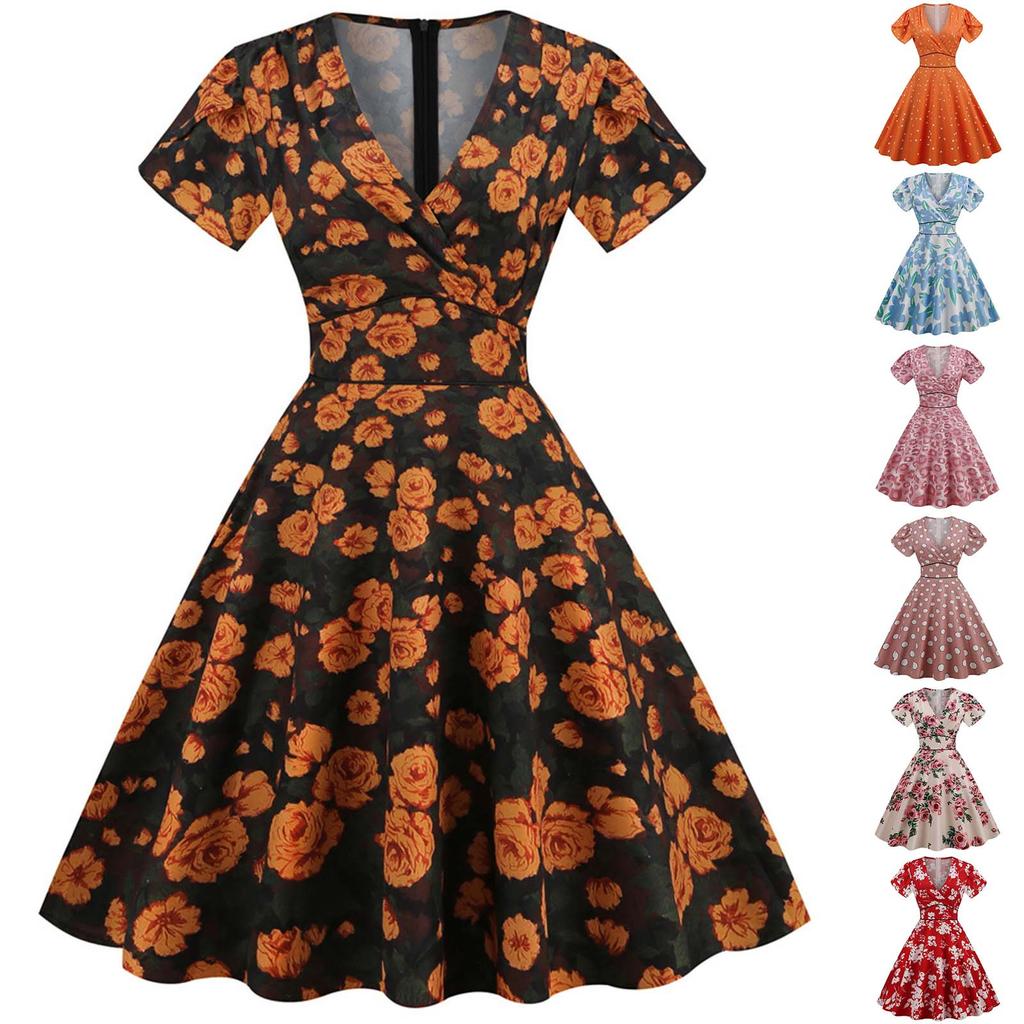 Women's Digital Printing Short-Sleeved V-Neck Casual Printing Hem Dress