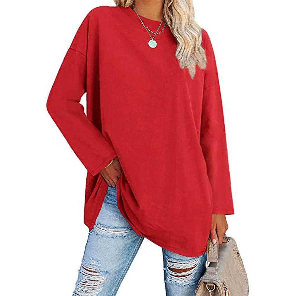 T-shirt Taglia Grande Monocolore, Top Casual a Maniche Lunghe Girocollo Primavera e Autunno, Abbigliamento Taglia Grande da Donna
