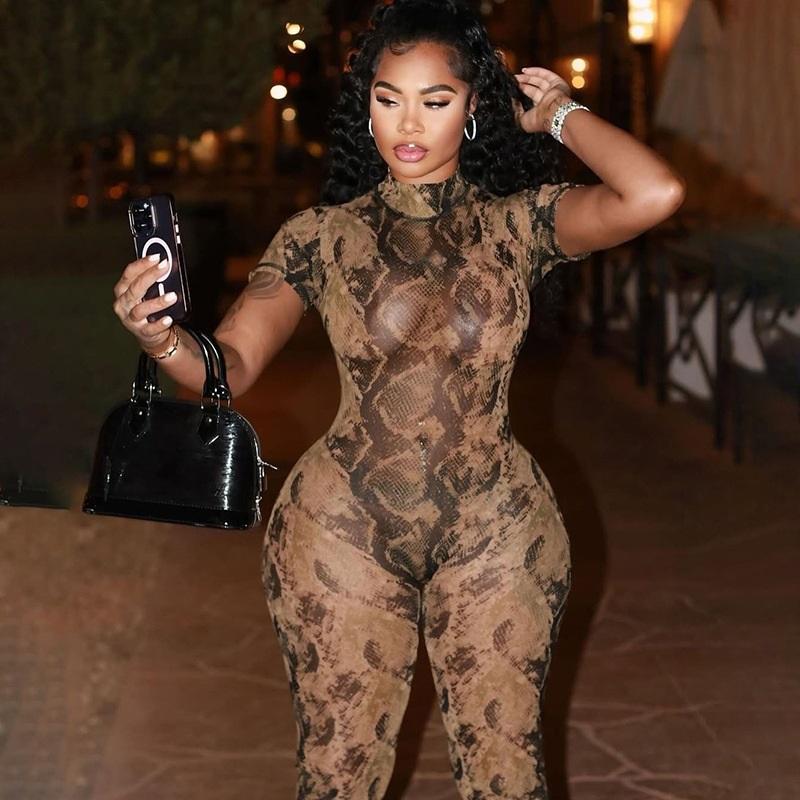 Tuta Sexy da Donna alla Moda con Schiena Scoperta, Stampa a Fantasia, Tessuto a Rete Trasparente, Elegante Abito per Feste e Serate, Outfit Stiloso, Comodo e di Tendenza