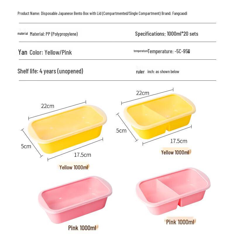 Disposable Plastic Bento Box with Lid, 1000ml (20-Pack)