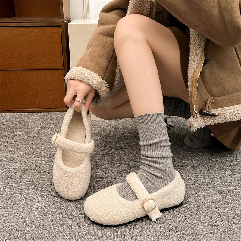 2025 autumn and winter new Mary Jane Mao Mao shoes women's outer wear Korean version of one-word buckle single shoes flat-bottomed velvet thermal cot