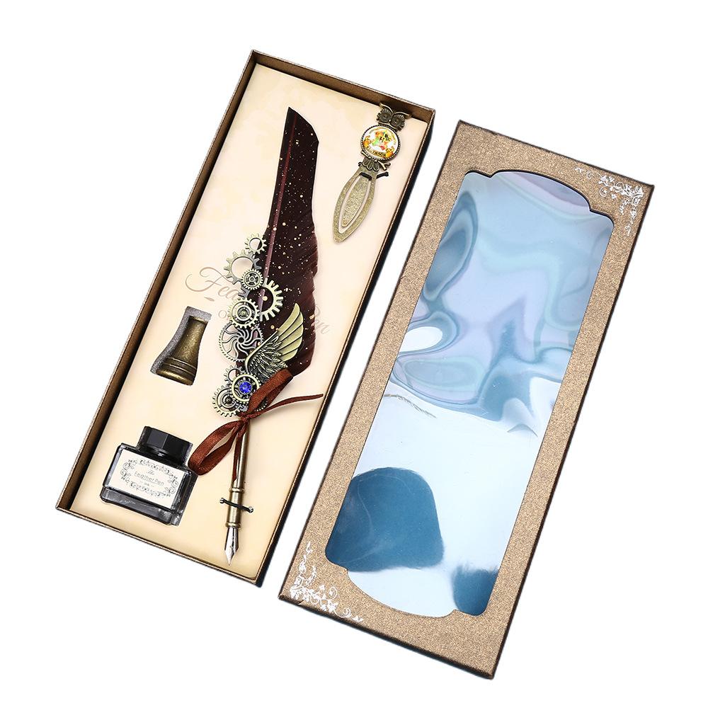 Vintage Feather Pen Mechanical Gear Feather Pen Steam Dip Pen Gift Box Teachers' Day Student Gifts