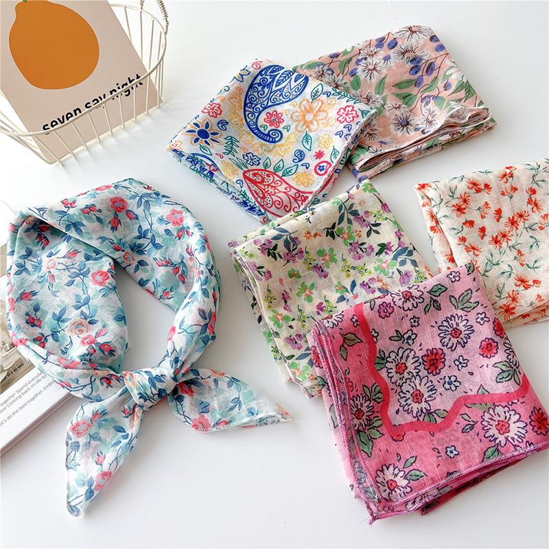 55cm Cotton Linen Handkerchief Print Square Neck Scarf Women Small Shawls Hair Scarfs Female Bag Scarves Head Scarf Bandanas