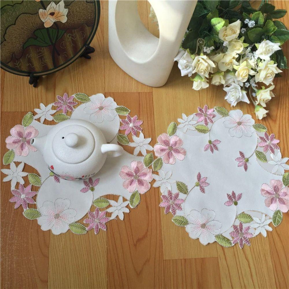 For Dining Table Rectangular Flower Pattern Embroidery Craft Lace Placemat Cup Pad Coaster Doily