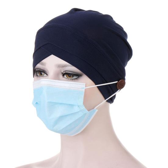 Women Solid Color Front Cross Beanie Bonnet Breathable Hat Cap with Button