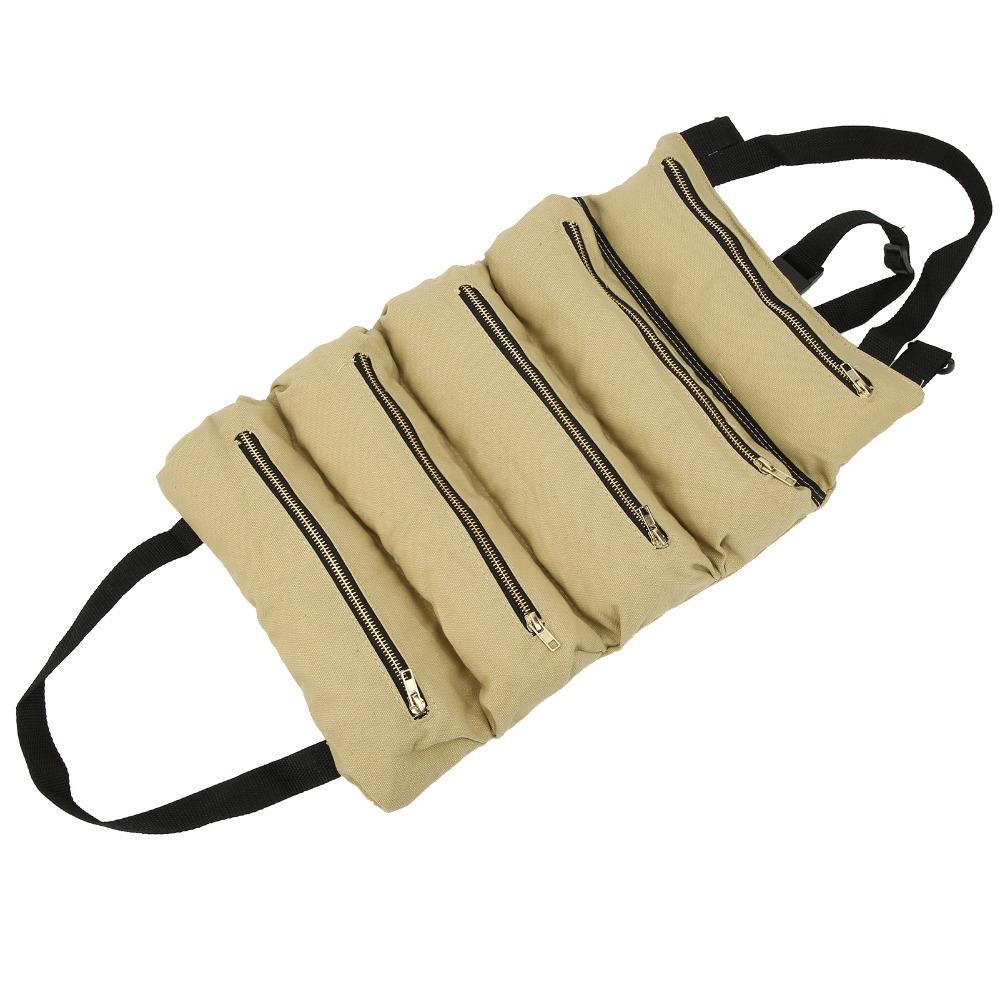 Canvas Tool Roll Up Pouch With 5 Zipper Pockets Tool Organizer Tool Roll Up Bag  Car Camping
