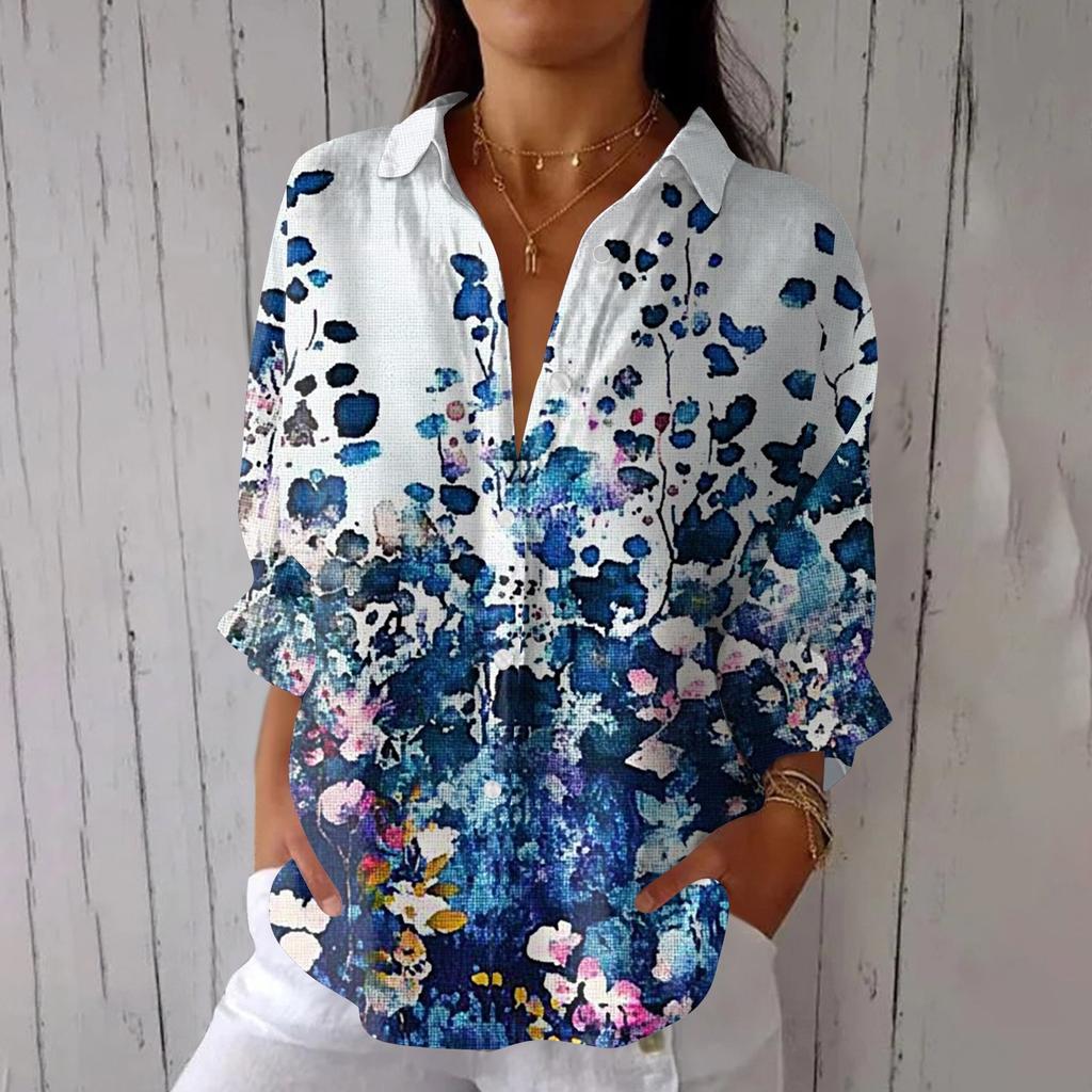 Women's Fashion 3/4 Sleeve Casual Lapel Back Tie- Floral Print T-Shirt Top