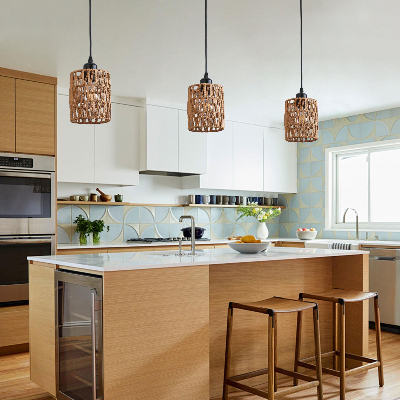 

3-Pack Woven Paper Rope Pendant Lights With E26 Base - Rustic Adjustable Height (0-53 Inch) Chandelier for Dining Room & Bedroom