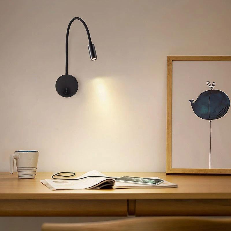Led Bedside Wall Light Rotatable Flexible Spotlight Living Room Study Reading Lamp Hose Surface Mounted Sconce Night Light 220V