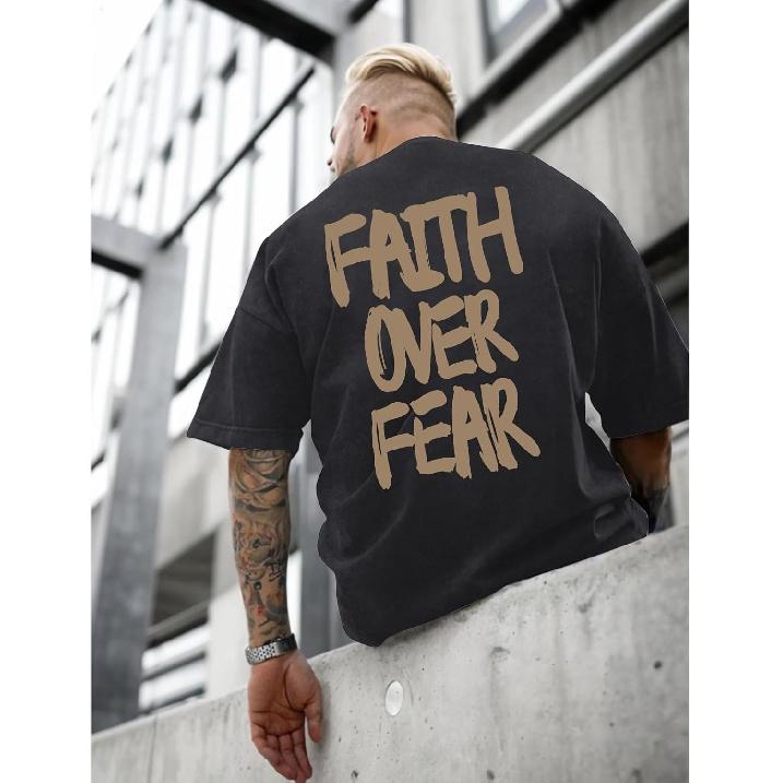 Christian Shirts for Men Faith Over Fear Shirt Jesus Religious Tshirt Oversized Graphic Tees Acid Wash God T-Shirt