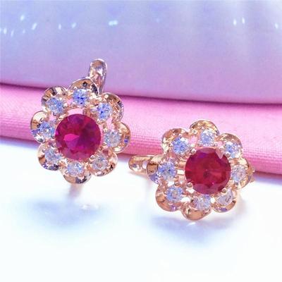 Purple Gold Plated Rose Gold Flower Egg Surface Redstone Earrings Light Luxury Temperament Design Colored Gold Women'S Earrings