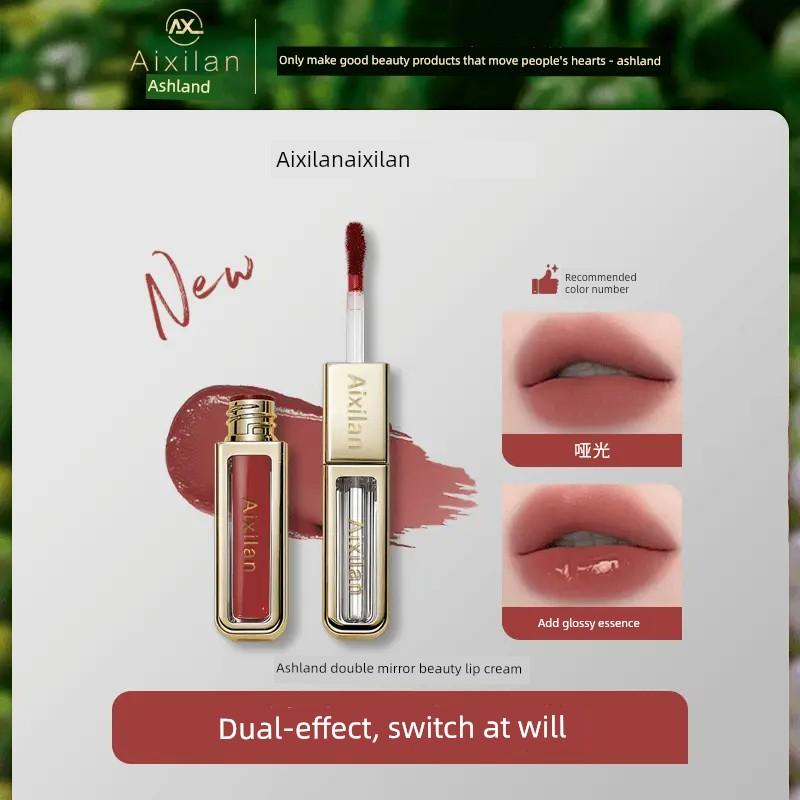 Official Aishilan Dual Mirror Beauty Lip Powder Cream Double-Ended Dual-Effect Matte and Glossy Whitening Lip Glaze for Commuting