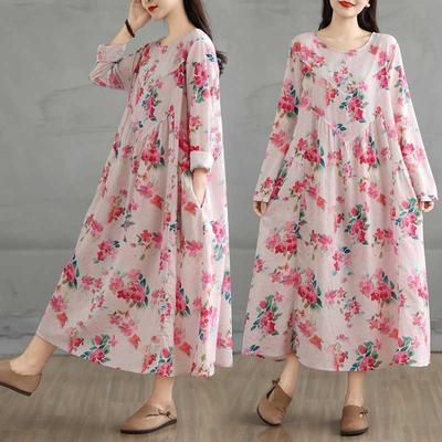 Spring and Summer Round Collar Floral Pocket Long-sleeved Dress A-line Dress