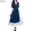 ZANZEA Women Summer Turn Down Collar Casual Patchwork Short Sleeve Dress