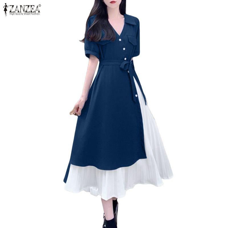 ZANZEA Women Summer Turn Down Collar Casual Patchwork Short Sleeve Dress