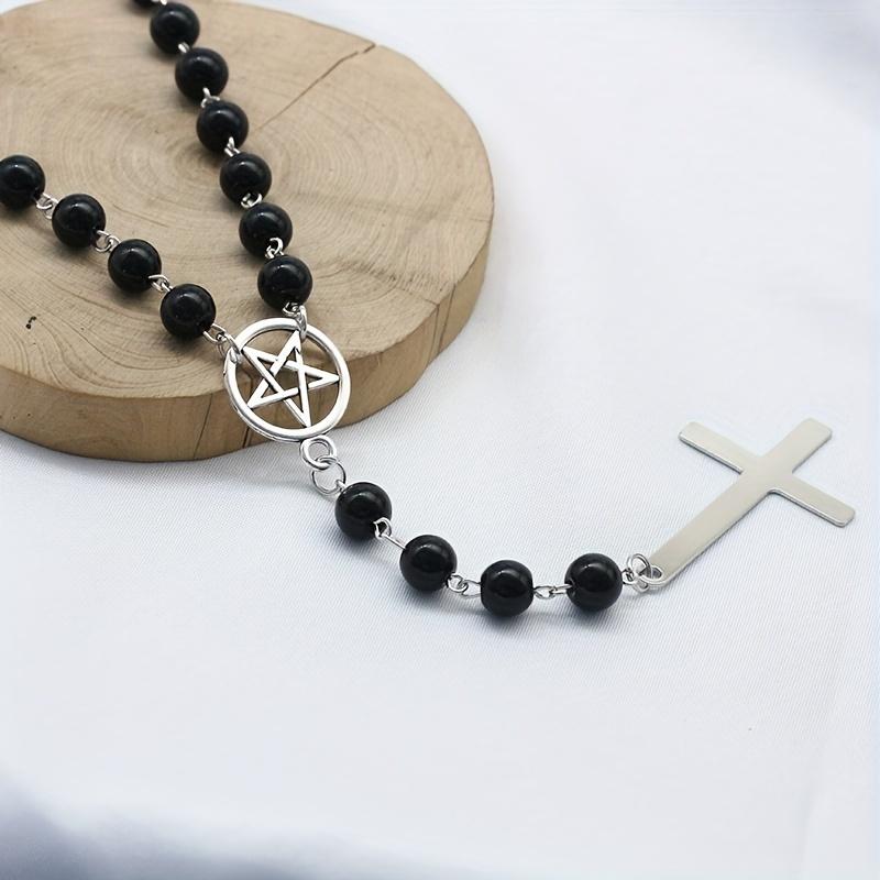 Rosary Necklace Gothic Inverted Cross Pendant Pagan Mysterious Silver Color Star Charm, Personality Neck Jewelry